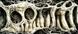 Macabre bone wall in ivory white, interconnected skeletal rib cage, spinal cords and skull elements. Creepy alien spaceship interior surrealism.  