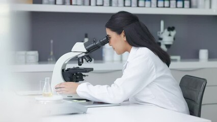 Aufkleber - Female pathologist analyzing medical samples while doing experiments to develop a cure. Microbiologist conducting forensic research. Young scientist using a digital tablet and microscope in a lab.