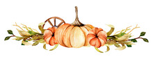 Autumn Watercolor Composition. Hand Drawn Orange Pumpkin, Corn Stalks, Wooden Wheel. Fall, Harvest