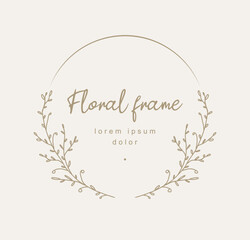 Elegant circle floral frame. Drawn logo template in minimal line art with flowers. Botanical wreath. Vector illustration for labels, branding business identity, wedding invitation