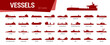 Ships icon set. Simple silhouettes of diferent types of vessels on white background. Vector illustration