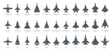 Fototapeta Pokój dzieciecy - Military aircrafts icon set. Fighters and bombers silhouette on white background. Vector illustration