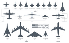 US Military Aircrafts Icon Set. Fighters And Bombers Silhouette On White Background. Vector Illustration