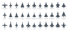 Military Aircrafts Icon Set. Fighters And Bombers Silhouette On White Background. Vector Illustration
