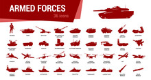 Armored Forces Icon Set. Simple Silhouettes Of Military Vehicles On White Background. Vector Illustration