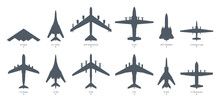 Military Aircrafts Icon Set. Big Transport And Bombers Silhouette On White Background. Vector Illustration