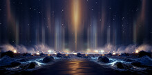 Night Fantasy Seascape With Beautiful Waves And Foam. Night View Of The Ocean. Neon Foam On Water Waves. Reflection In The Water Of The Starry Sky. 3D Illustration.