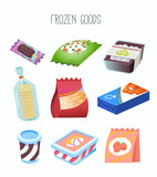 Fototapeta Pokój dzieciecy - Collection of goods and frozen food section of a grocery store or online  marketplace. Isolated vector illustration with  fruit and vegetables, pancakes ice cream and pizza.