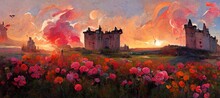 Gorgeous Orange Golden Hour Sunset, Imaginative Scottish Castle Overlooking Loch And Expressive Wild Flowers In Scarlet, Crimson Red And Pink Tones. Scenic Surreal Dreamscape.