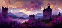 Gorgeous Purple Twilight Fantasy, Imaginative Scottish Castle Overlooking Loch And Expressive Vibrant Indigo Wild Flowers, Magical Enchanting. Scenic Surreal Dreamscape.