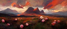 Scenic Imaginative Scottish Highlands Landscape With Wild Flowers And Rolling Hills At Sunset Or Sunrise.  Epic Clouds And Dark Contrast To Emphasize The Bold Beauty Of Scotland.