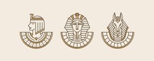 Cleopatra, Pharaoh And Anubis Ancient Egypt God Vintage Art Hipster Line Art Illustration Vector. Vintage Artwork Linear Style Collection Set. Wallpaper Art Of Egypt Gods. 