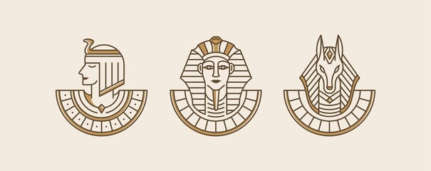 Cleopatra, pharaoh and Anubis Ancient Egypt god vintage art hipster line art Illustration vector. vintage artwork linear style collection set. wallpaper art of Egypt gods. 