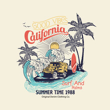 Summer Time Surf And Palms In California, Tee Print Vector Design With Texture And Palms Drawn, Tropical Sunset. Surf And Beach. Vintage Beach Print. Tee Graphic Design.