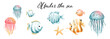 Jellyfish and fish banner, under the sea. Vector illustration