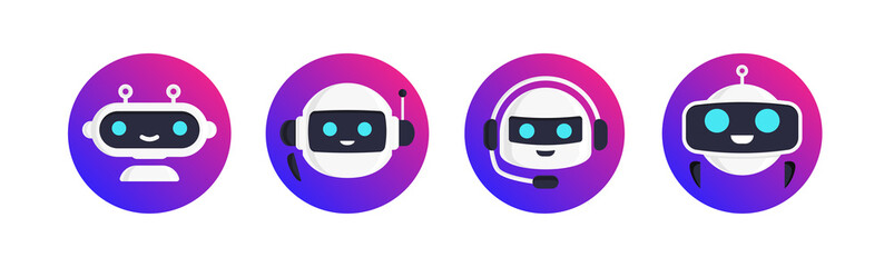 Wall Mural - Chat bot, robor vector set isolated on white background for virtual assistant icon, talk bubble speech icon, digital marketing, chat app, ai, artificial intelligence. Vector 10 eps