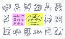 Human Resources And Office Related Vector Drawings, Doodles, Line Icons. Contains Such Icons As Job Interview, Meetings, Hiring People, Strategies, Job Events And More. All Strokes Are Editable.	
