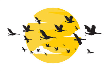 Wall Mural - stork flying in sky at sunset or sunrise