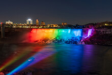 Niagara Falls American Falls Winter Illumination In Night Time.