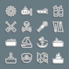 Poster - Set line Iceberg, Submarine, Flippers for swimming, Inflatable boat with motor, Skull on crossbones, Paddle, Ship steering wheel and Spyglass telescope lens icon. Vector