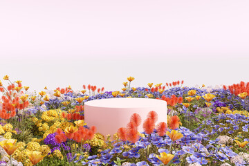 Wall Mural - 3d render platform and natural podium background on colorful flowes field for product display, blank