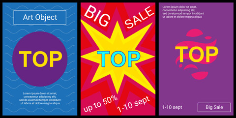 Poster - Trendy retro posters for organizing sales and other events. Large top symbol in the center of each poster. Vector illustration on black background