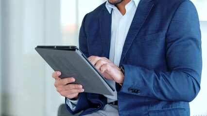 Poster - Investment banker browsing the online stock market, trading, buying and selling. Male manager browsing internet checking trends in the market. Closeup of a businessmans hands using digital tablet.
