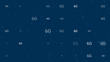 Poster - Template animation of evenly spaced 6G symbols of different sizes and opacity. Animation of transparency and size. Seamless looped 4k animation on dark blue background with stars