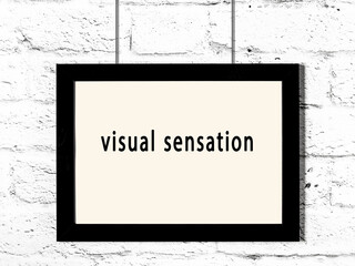 Black frame hanging on white brick wall with inscription visual sensation