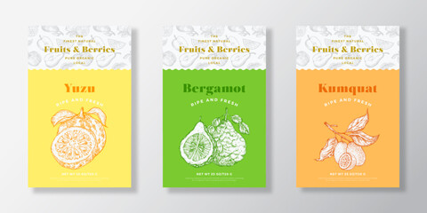 Wall Mural - Fruits and Berries Pattern Label Templates Set. Vector Packaging Design Layout Collection. Modern Typography Banner with Hand Drawn Yuzu, Bergamot and Kumquat Sketches Background Isolated