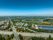Aerial view of Cupertino and giant parking lot along interstate 280