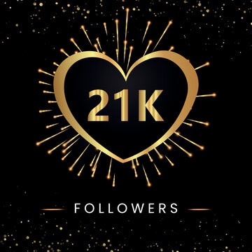 Thank you 21k or 21 thousand followers with gold heart, fireworks and golden bokeh isolated on black background. Premium design for poster, social media story, social sites posts, banner.