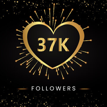 Thank you 37k or 37 thousand followers with gold heart, fireworks and golden bokeh isolated on black background. Premium design for poster, social media story, social sites posts, banner.