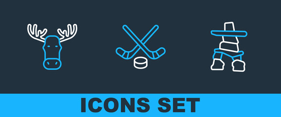 Poster - Set line Inukshuk, Moose head with horns and Ice hockey sticks and puck icon. Vector