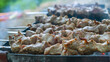© kalyanby - Selective focus. Cooking barbecue on the mangal in nature. Grilled tasty meet cooking on the party