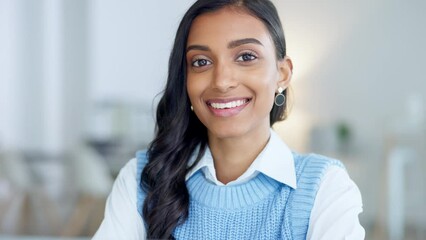 Aufkleber - Confident and happy indian business woman feeling ambitious and motivated for success in a creative startup agency. Portrait of a young designer smiling while working on a laptop in a modern office.