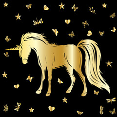 Wall Mural - silhouette golden unicorn on black background