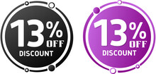 13% Off, Circle Discount Tag Icon Collection. Set Of Black And Purple Sale Labels. Vector Illustration,Thirteen 