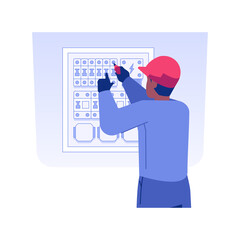 Poster - Installation of electrical equipment isolated concept vector illustration. Engineer installing an electrical equipment, fixing wires, commercial construction, interior works vector concept.