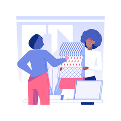 Poster - Choosing furniture material isolated concept vector illustration. Woman and client choosing fabrics for new furniture, interior designer work, repair company service vector concept.