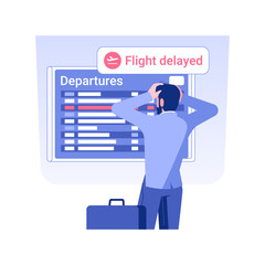 Poster - Flight delayed isolated concept vector illustration. Upset businessman with ticket looks at timetable, business class travel, departure cancellation, scoreboard in the airport vector concept.