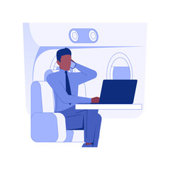 Poster - Personal workplace in the plane isolated concept vector illustration. Busy man with laptop and smartphone working in the play, business class travel, company executive vector concept.