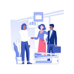 Poster - New business contact isolated concept vector illustration. Multiethnic business people shake hands, successful international deal, negotiation process, partnership idea vector concept.