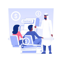 Poster - Cross-culture negotiations isolated concept vector illustration. Group of multiethnic people in negotiations, international business travel, partnership idea, successful deal vector concept.