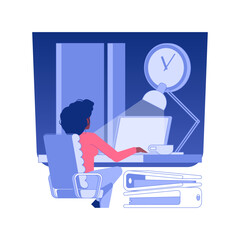 Poster - Overtime working isolated concept vector illustration. Tired man works at night, overtime working problem, business etiquette, corporate culture, company rule, stressed employee vector concept.