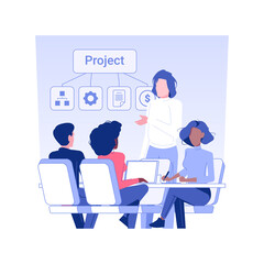 Poster - Leadership communication isolated concept vector illustration. Colleagues discussing new project, leadership talking, business etiquette, corporate culture, company rules vector concept.