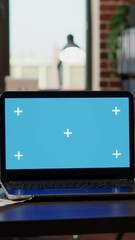 Poster - Vertical video: Corporate office with business people working with greenscreen on laptop, using blank chroma key background with isolated mockup copyspace. Company employees at job with technology.