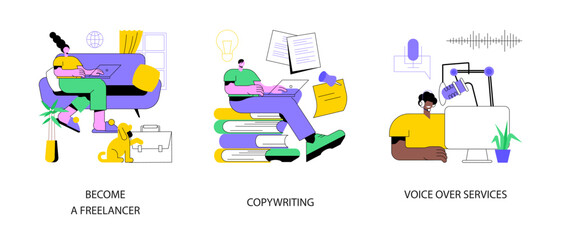 Poster - Independent entrepreneur abstract concept vector illustration set. Become a freelancer, copywriting service, voice over recording studio, writing article, narration, digital nomad abstract metaphor.