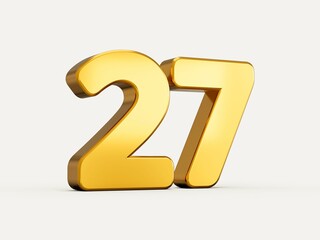 Sticker - 3d illustration of golden number 27 or twenty seven isolated on beige background with shadow.