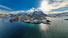 Aerial View Of Hamn In Senja Island Surrounded By Snowy Mountains In Norway